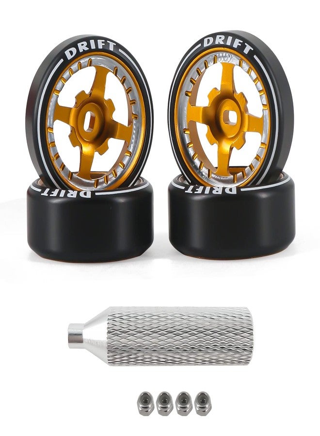 Abendor New 4 Pcs Rc Car Drift Wheels with Logo Tires for 1/28 Wltoys K969 K989 K929, [2N+2W] 4 Spoke Durable Aluminum Alloy Rc Drift Car Tires for 1/24 1/28 Mini-Q HGD1 HGV1 Upgrade Parts (Gold) - Image 1